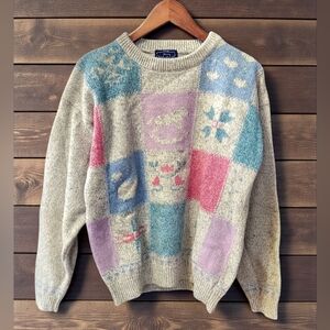 Vintage Woolrich Granny Square Patchwork Wool Blend Sweater Grey Pastel Womens L